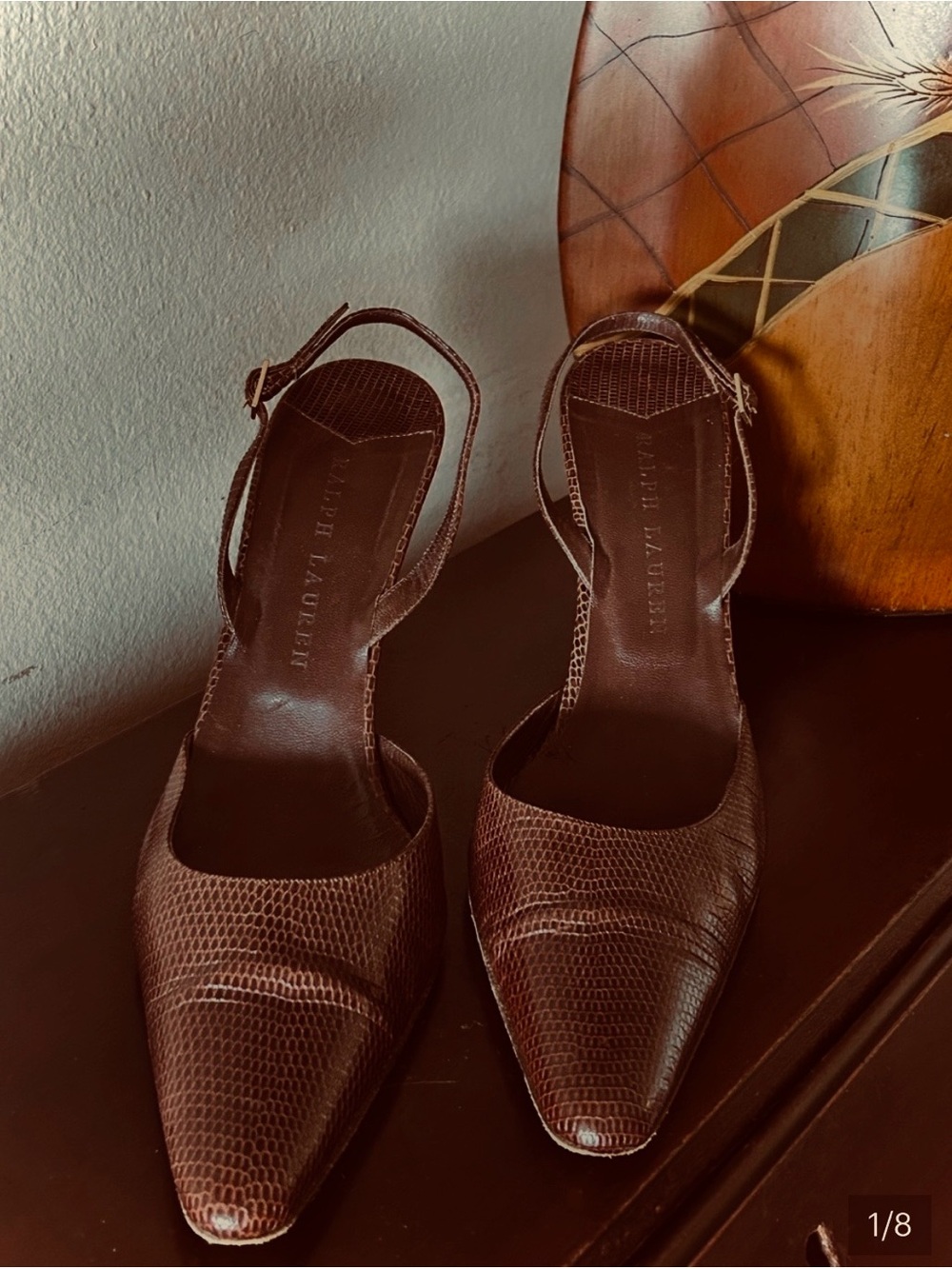 Ralph Lauren Brown Lizard-Embossed Slingback Pumps